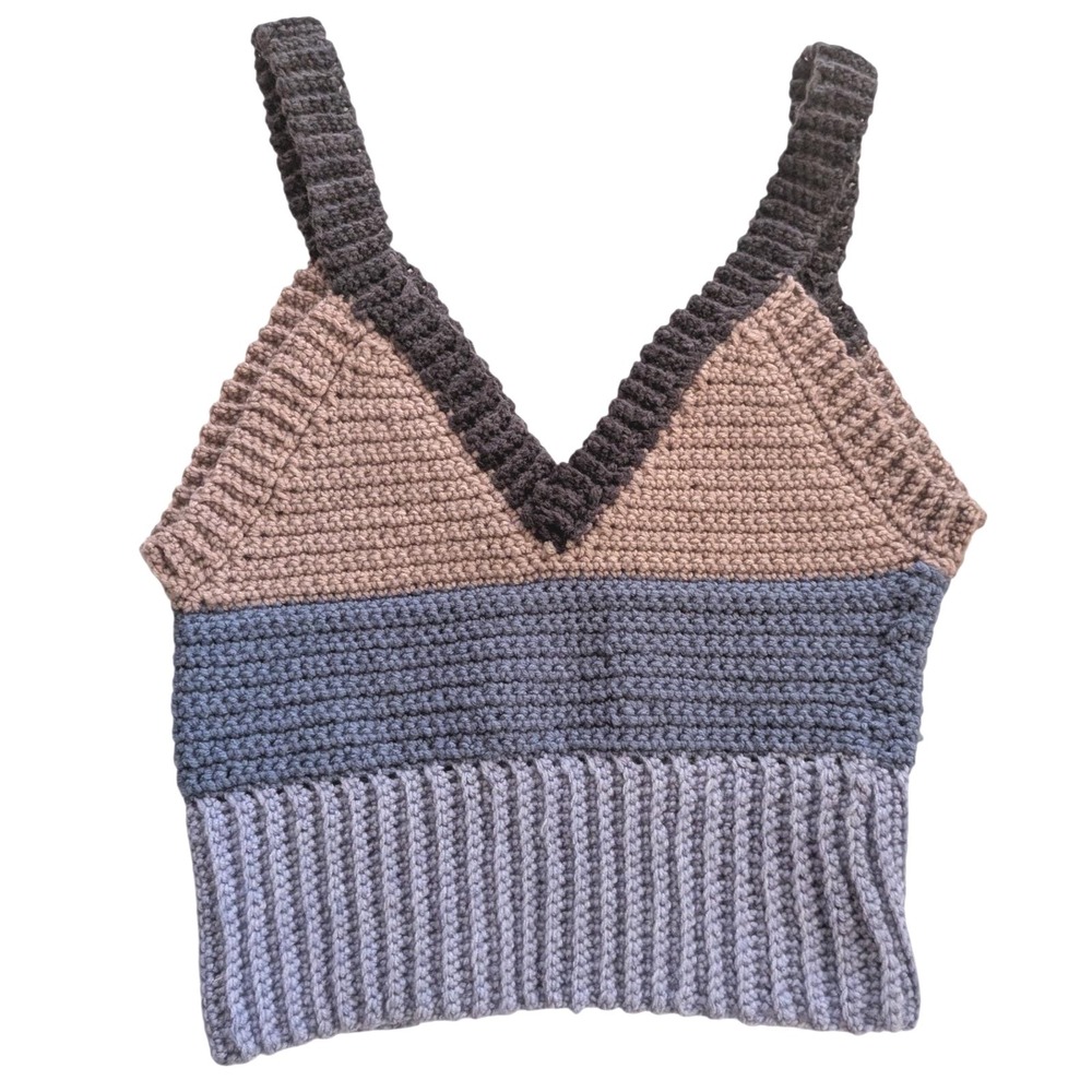 Handmade Crochet Crop Top Colorblock V-Neck Knit Tank Sz S Boho Festival Cottage